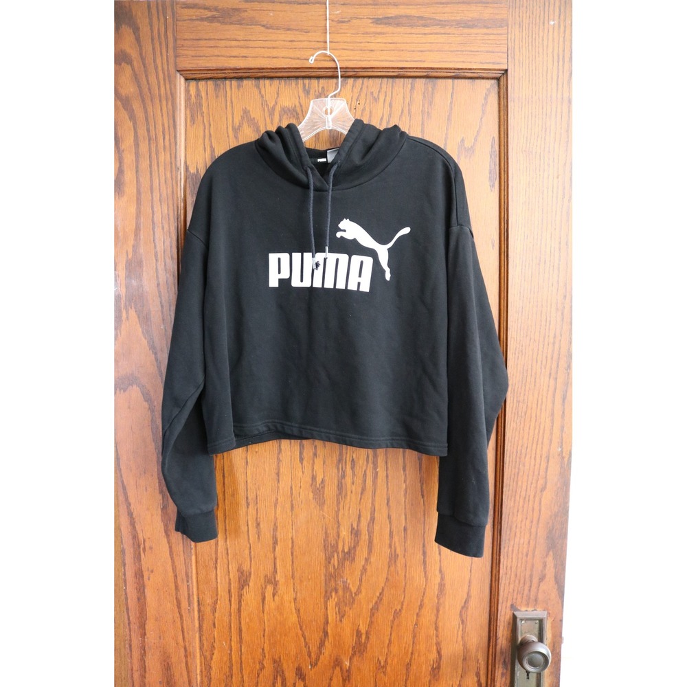 PUMA Cropped Logo Hoodie Sweatshirt Womens Large Black White Sporty Long Sleeve